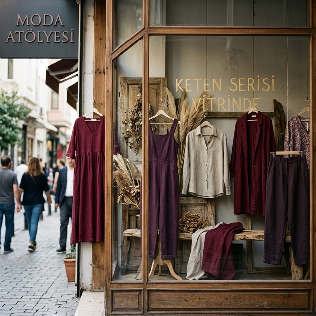 Moda Atölyesi için üretilmiş keten serisi vitrin gönderisi